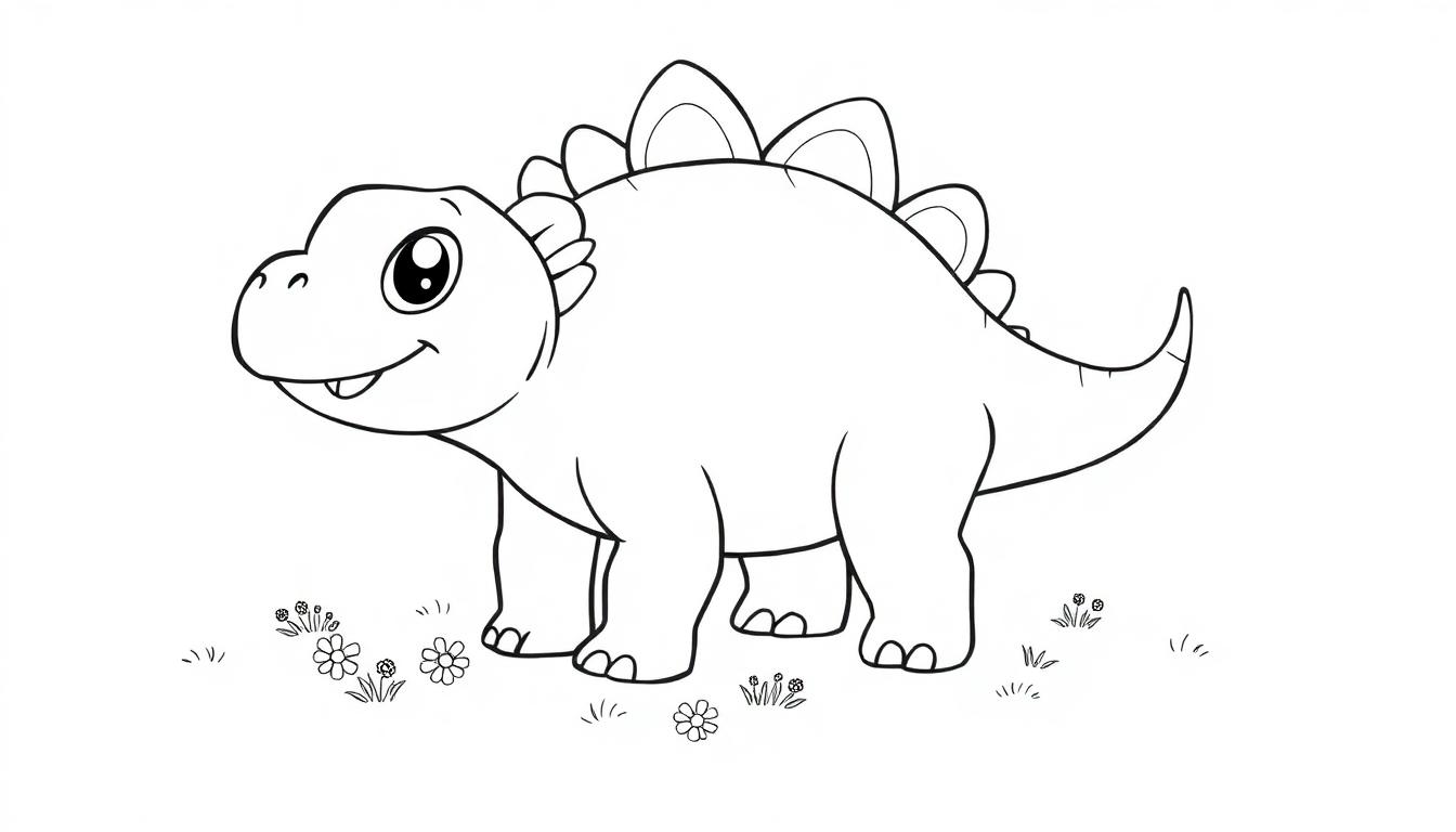 Eine niedliche Stegosaurus-Farbtafelzeichnung mit großen Augen und Rückenplatten.