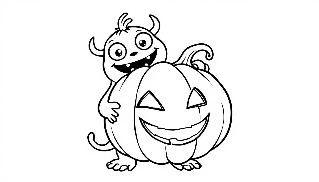 Farbtafel: Ein süßes Cartoon-Monster umarmt eine Kürbislaterne.