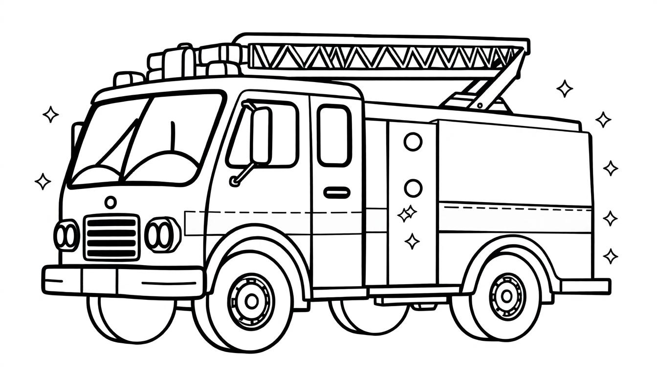 Zeichnung eines freundlichen Cartoon-Feuerwehrautos mit leuchtenden Lichtern und einer Leiter.