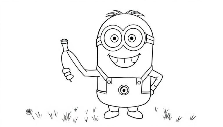Farbtafel: Ein fröhlicher Minion mit Brille und Overall steht im Gras und hält eine Blume.