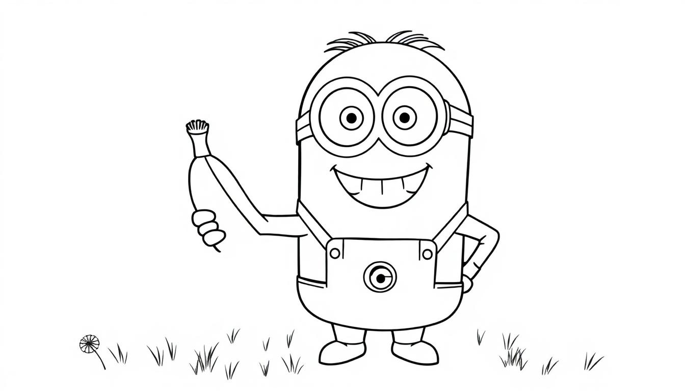 Farbtafel: Ein fröhlicher Minion mit Brille und Overall steht im Gras und hält eine Blume.