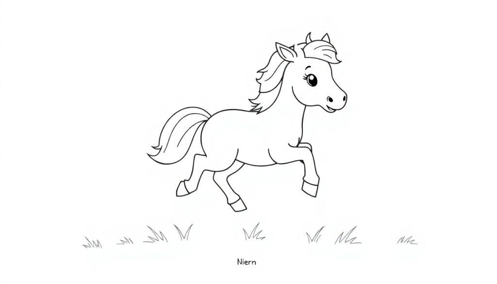 Eine Strichzeichnung eines springenden Ponys mit fließender Mähne und Schwanz, das auf einer Grasfläche steht. Eine Farbtafel zum Ausmalen.