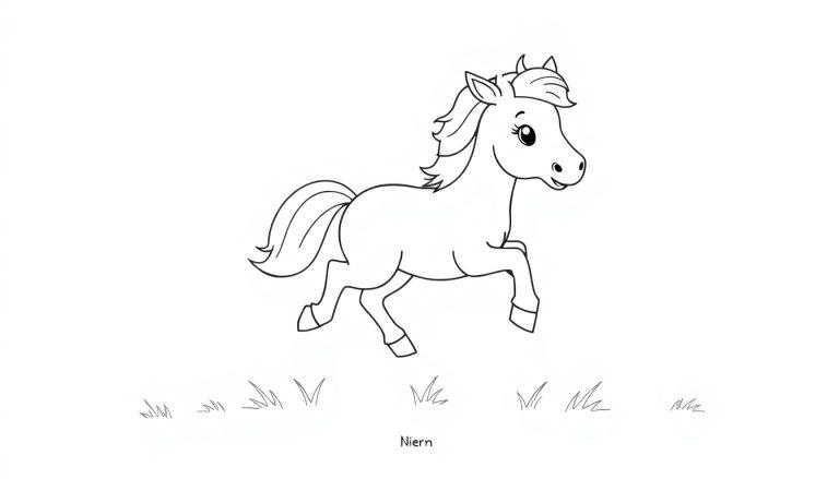 Eine Strichzeichnung eines springenden Ponys mit fließender Mähne und Schwanz, das auf einer Grasfläche steht. Eine Farbtafel zum Ausmalen.