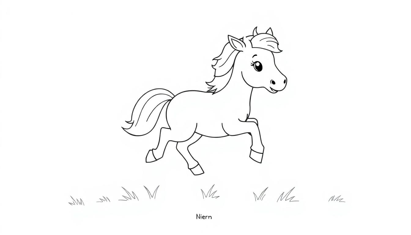Eine Strichzeichnung eines springenden Ponys mit fließender Mähne und Schwanz, das auf einer Grasfläche steht. Eine Farbtafel zum Ausmalen.