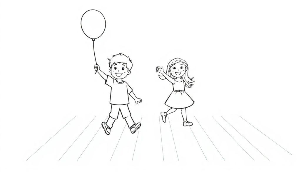 Schwarz-Weiß-Farbtafel: Zwei fröhliche Kinder mit einem Ballon und winkend über einen Zebrastreifen laufend.