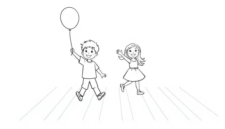 Schwarz-Weiß-Farbtafel: Zwei fröhliche Kinder mit einem Ballon und winkend über einen Zebrastreifen laufend.