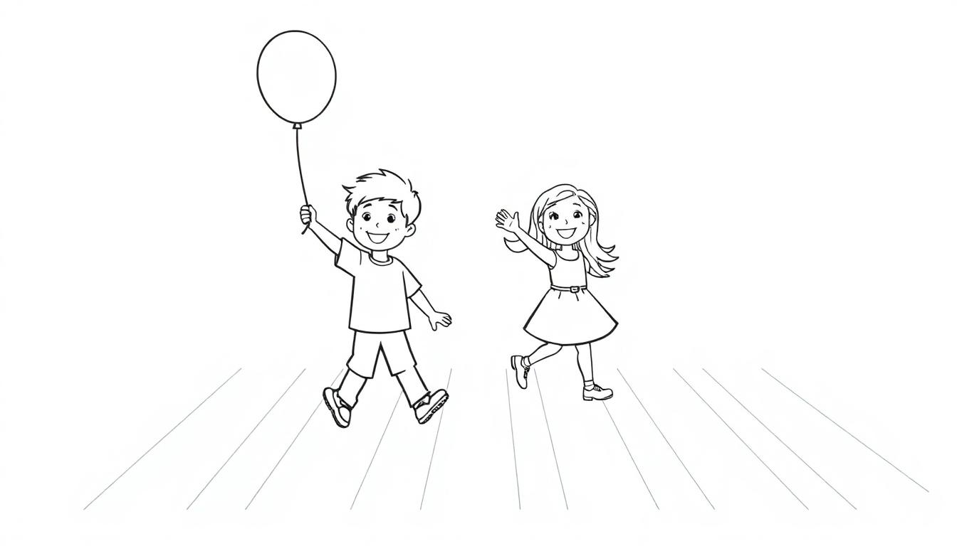 Schwarz-Weiß-Farbtafel: Zwei fröhliche Kinder mit einem Ballon und winkend über einen Zebrastreifen laufend.