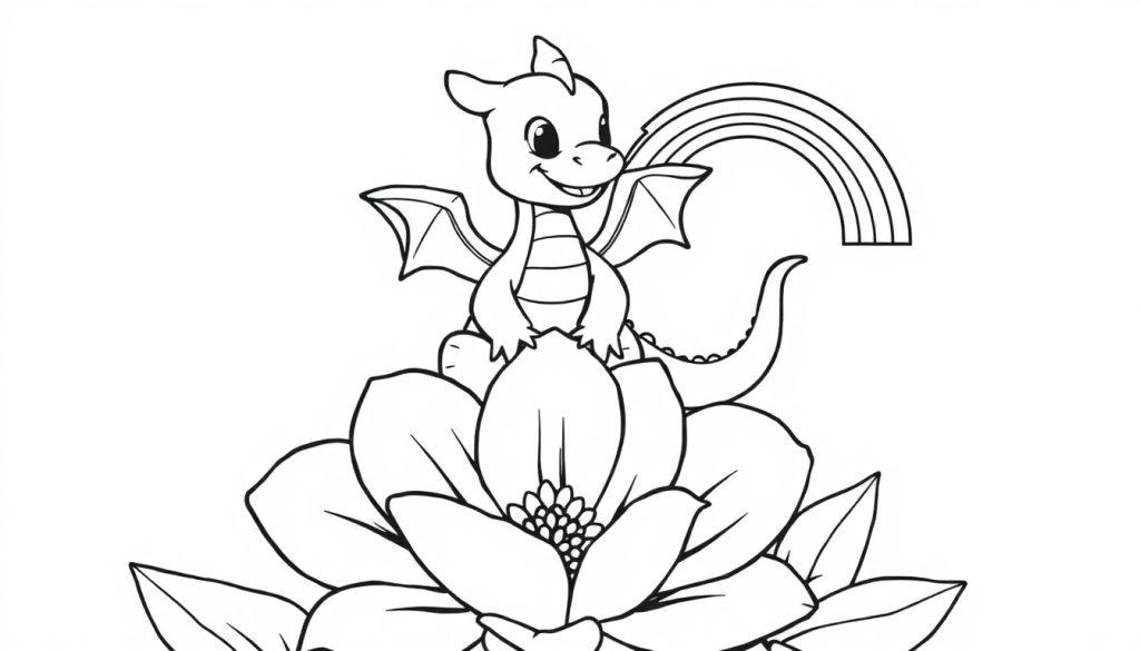 Schwarz-weiße Farbtafel-Illustration eines niedlichen Cartoon-Drachens, der auf einer großen Blume sitzt und einen Regenbogen aus seinem Kopf hält.