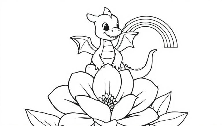 Schwarz-weiße Farbtafel-Illustration eines niedlichen Cartoon-Drachens, der auf einer großen Blume sitzt und einen Regenbogen aus seinem Kopf hält.