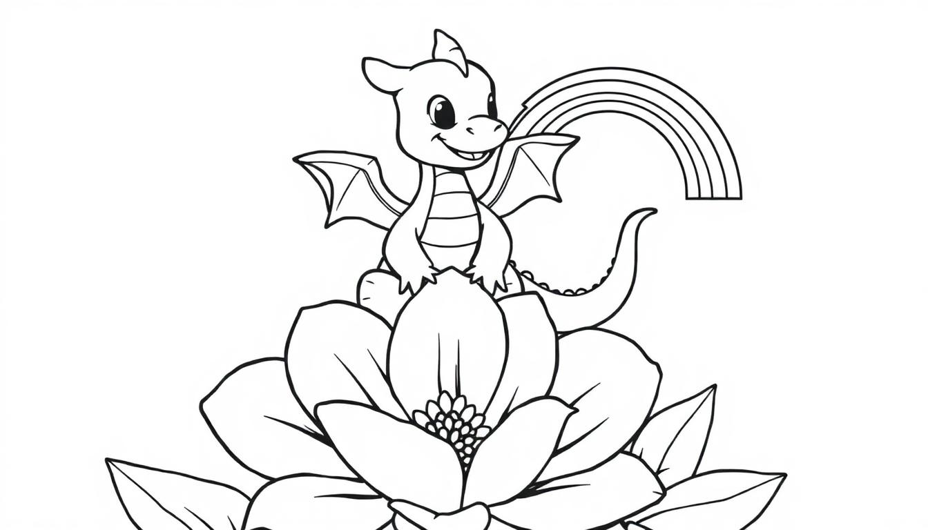 Schwarz-weiße Farbtafel-Illustration eines niedlichen Cartoon-Drachens, der auf einer großen Blume sitzt und einen Regenbogen aus seinem Kopf hält.