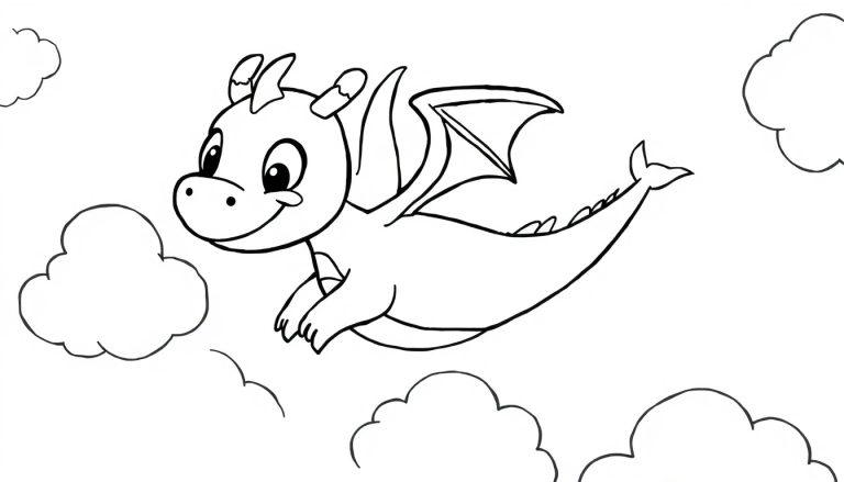 Schwarz-weiß Farbtafel-Ausmalbild eines freundlichen Cartoon-Drachen mit großen Augen und einem breiten Grinsen, der durch eine Wolkenlandschaft fliegt.