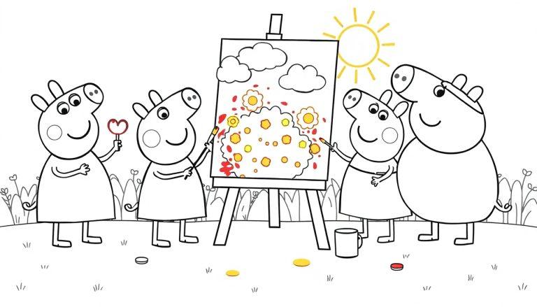 Schwarz-weiß Farbtafel: Peppa Wutz und ihre Familie malen ein Bild im Garten unter einer lachenden Sonne.