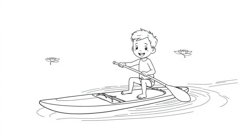 Schwarz-weiße Farbtafel: Ein fröhlicher kleiner Junge sitzt auf einem SUP-Board und paddelt, umgeben von stilisierten Seerosen auf dem Wasser.