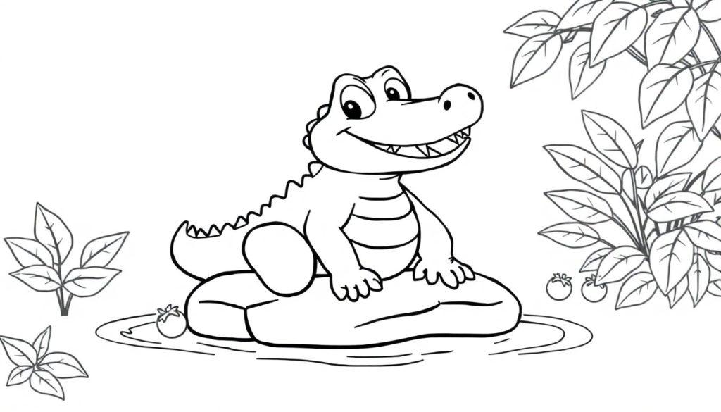 Eine schwarz-weiße Farbtafel eines freundlichen Cartoon-Alligators mit einem breiten Lächeln, der auf einem Felsen im Dschungel sitzt.