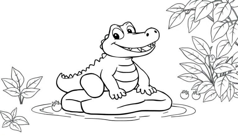 Eine schwarz-weiße Farbtafel eines freundlichen Cartoon-Alligators mit einem breiten Lächeln, der auf einem Felsen im Dschungel sitzt.