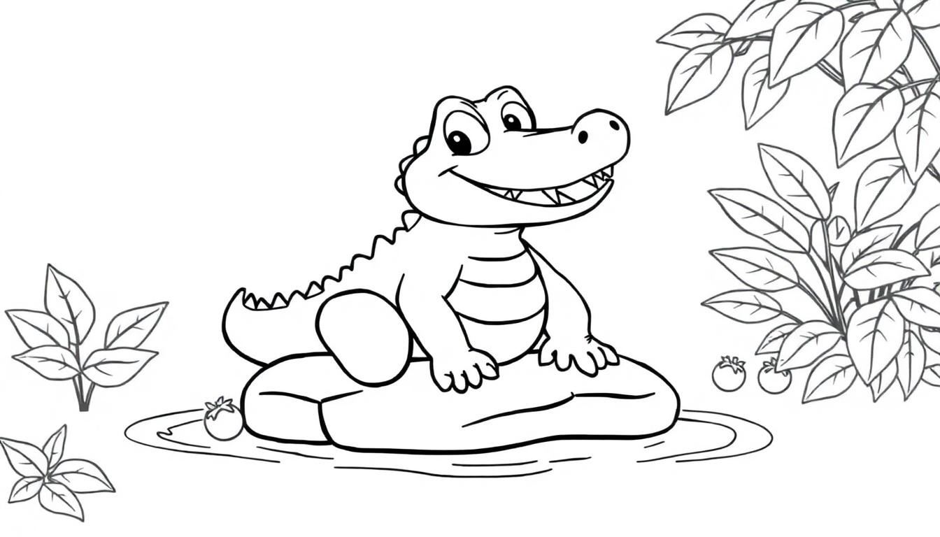 Eine schwarz-weiße Farbtafel eines freundlichen Cartoon-Alligators mit einem breiten Lächeln, der auf einem Felsen im Dschungel sitzt.