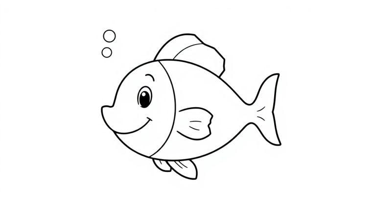 Eine Farbtafel eines freundlichen Cartoon-Fisches mit Blasen.
