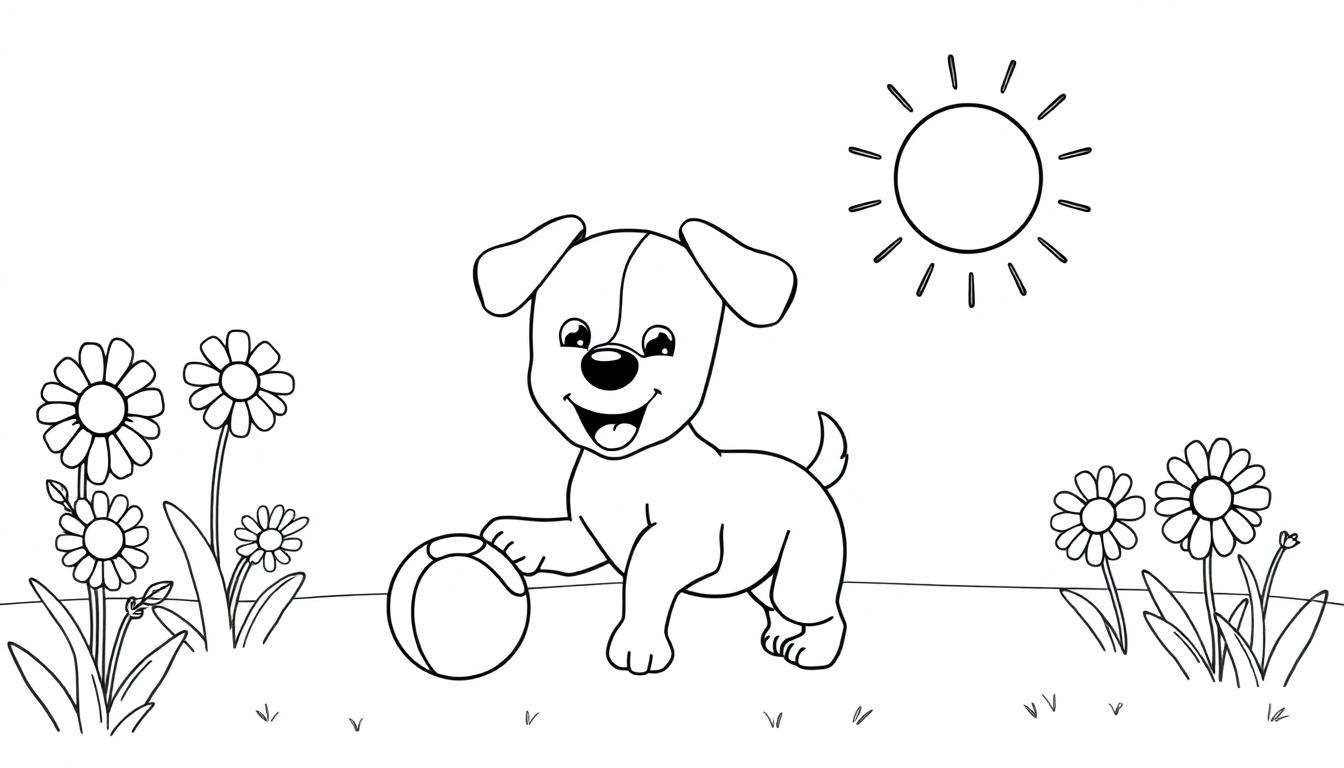 Fröhlicher Hund mit Ball unter der Pfote, Gänseblümchen und Sonne.