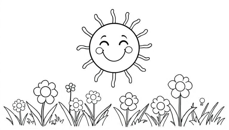 Schwarz-Weiß-Farbtafel einer lachenden Sonne mit Blumen.