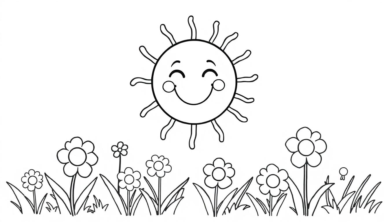 Schwarz-Weiß-Farbtafel einer lachenden Sonne mit Blumen.