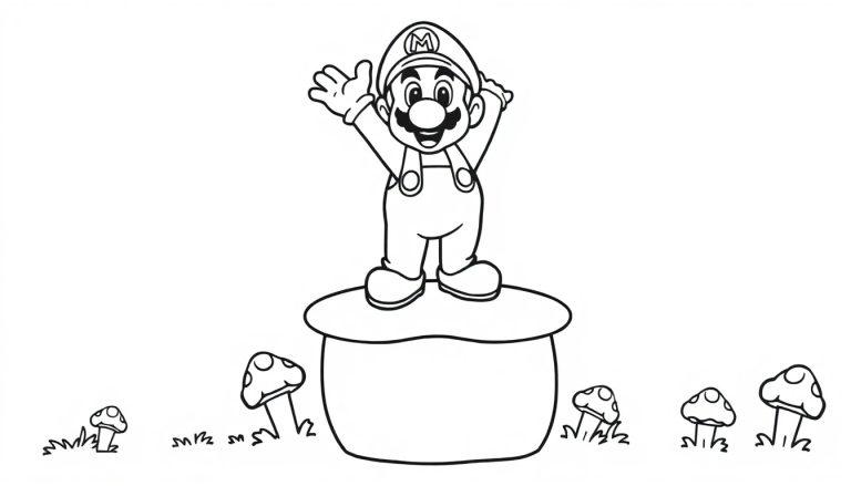 Schwarz-Weiß-Farbtafel von Mario auf einem Pilz-Podest, bereit zum Sprung.