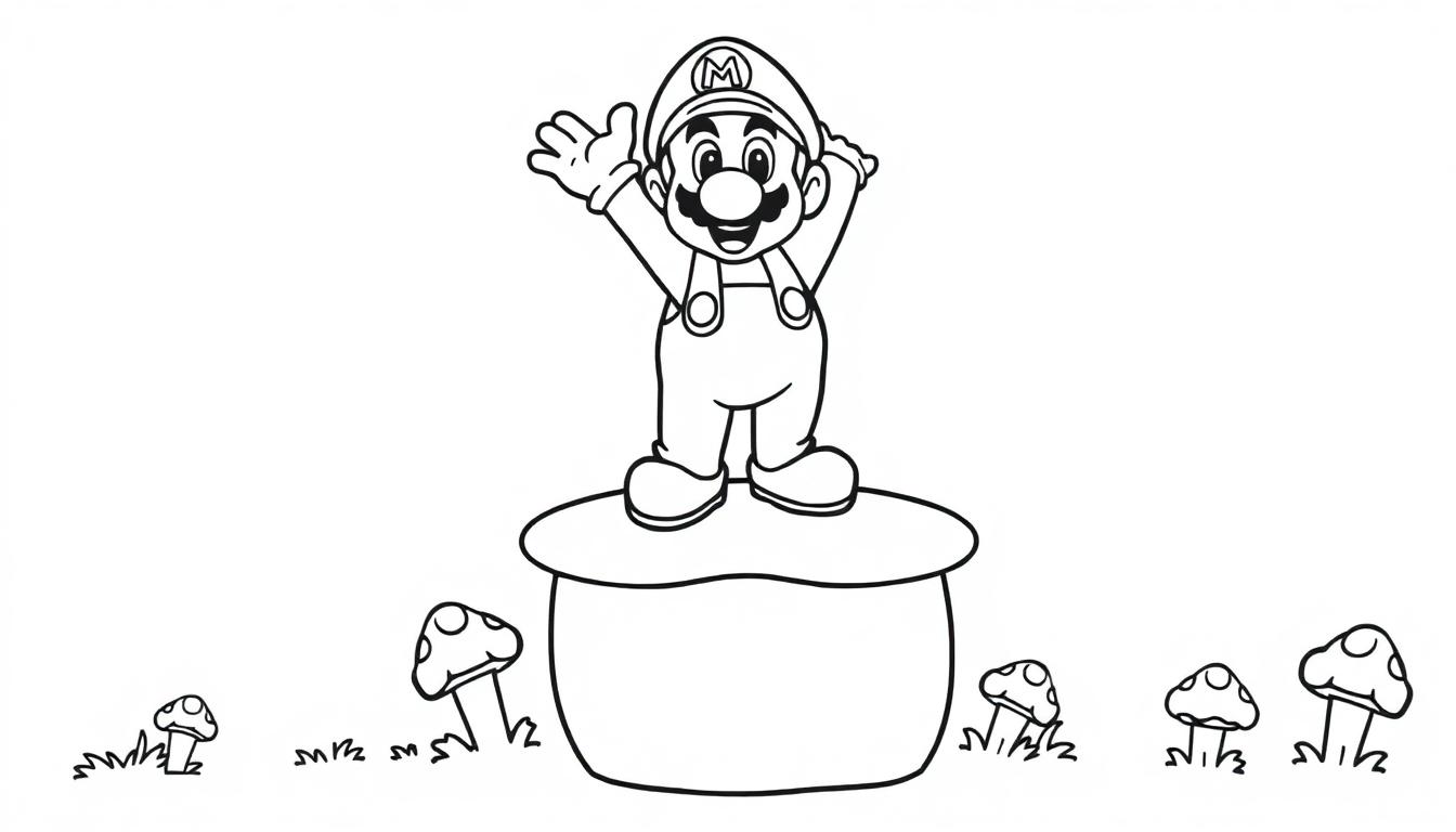 Schwarz-Weiß-Farbtafel von Mario auf einem Pilz-Podest, bereit zum Sprung.