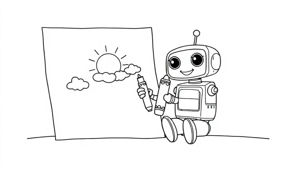 Freundlicher Roboter malt eine Farbtafel mit Sonne und Wolken.