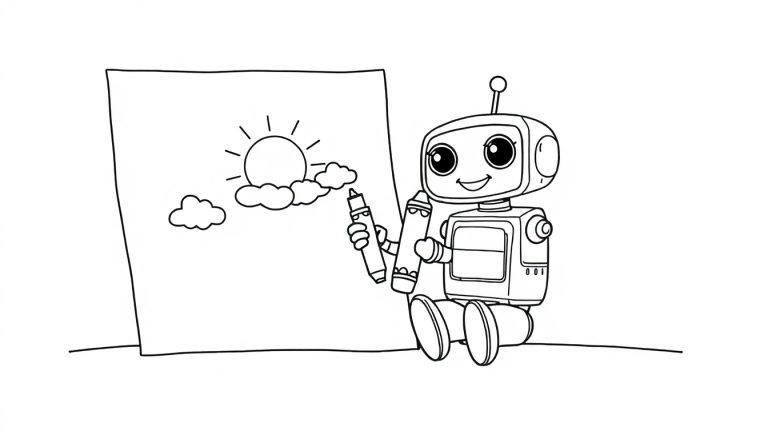 Freundlicher Roboter malt eine Farbtafel mit Sonne und Wolken.