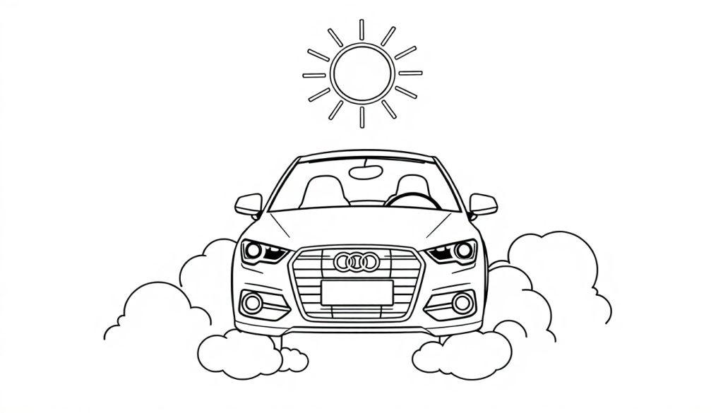 Schwarz-weiß Farbtafel: Ein Audi fährt durch sonnigen Nebel.