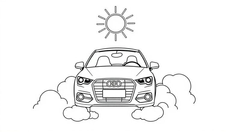 Schwarz-weiß Farbtafel: Ein Audi fährt durch sonnigen Nebel.