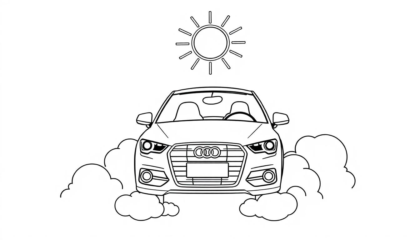 Schwarz-weiß Farbtafel: Ein Audi fährt durch sonnigen Nebel.