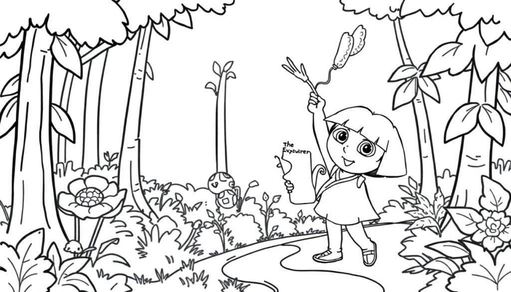 Dora die Entdeckerin mit Farbtafel, die eine Karte und Ähren hält, im Dschungel.