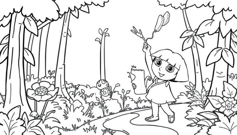 Dora die Entdeckerin mit Farbtafel, die eine Karte und Ähren hält, im Dschungel.