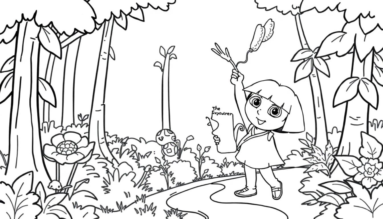 Dora die Entdeckerin mit Farbtafel, die eine Karte und Ähren hält, im Dschungel.