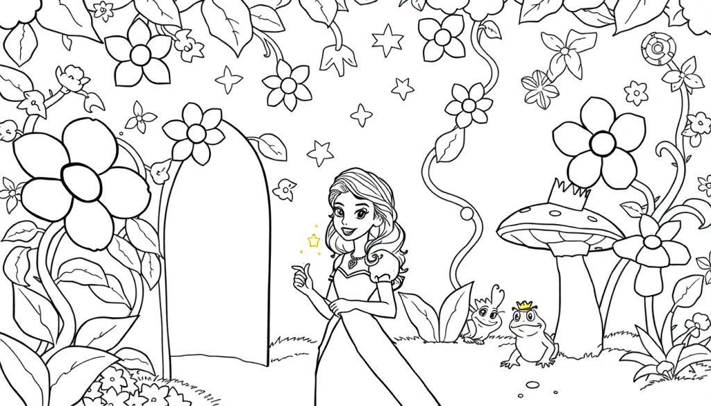 Eine lächelnde Prinzessin in einem langen Kleid steht in einem blühenden Garten, daneben ein Frosch und eine Kreatur mit Krone am Fuß eines Pilzes, mit Sternen im Hintergrund – alles auf einer Schwarz-Weiß-Farbtafel.