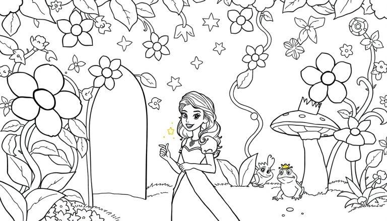 Eine lächelnde Prinzessin in einem langen Kleid steht in einem blühenden Garten, daneben ein Frosch und eine Kreatur mit Krone am Fuß eines Pilzes, mit Sternen im Hintergrund – alles auf einer Schwarz-Weiß-Farbtafel.