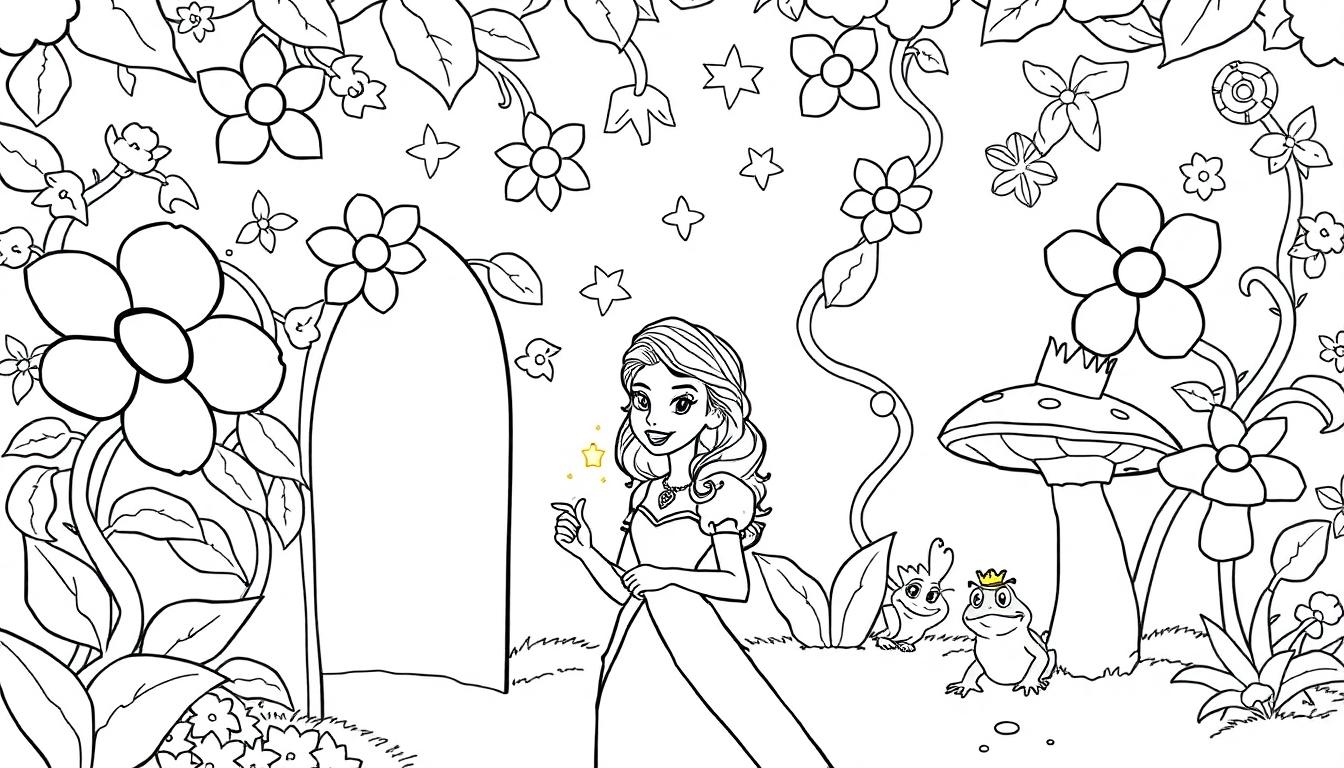 Eine lächelnde Prinzessin in einem langen Kleid steht in einem blühenden Garten, daneben ein Frosch und eine Kreatur mit Krone am Fuß eines Pilzes, mit Sternen im Hintergrund – alles auf einer Schwarz-Weiß-Farbtafel.