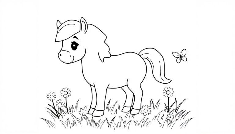 Eine Schwarz-Weiß-Farbtafel eines niedlichen Ponys auf einer Blumenwiese.