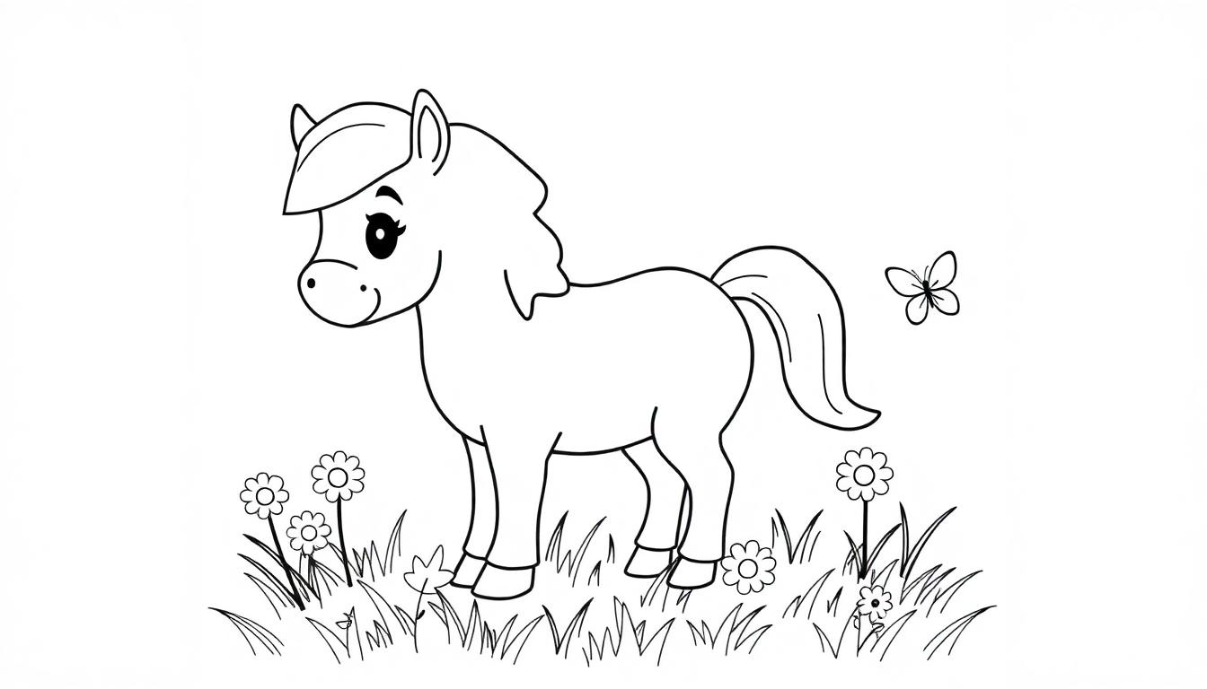 Eine Schwarz-Weiß-Farbtafel eines niedlichen Ponys auf einer Blumenwiese.