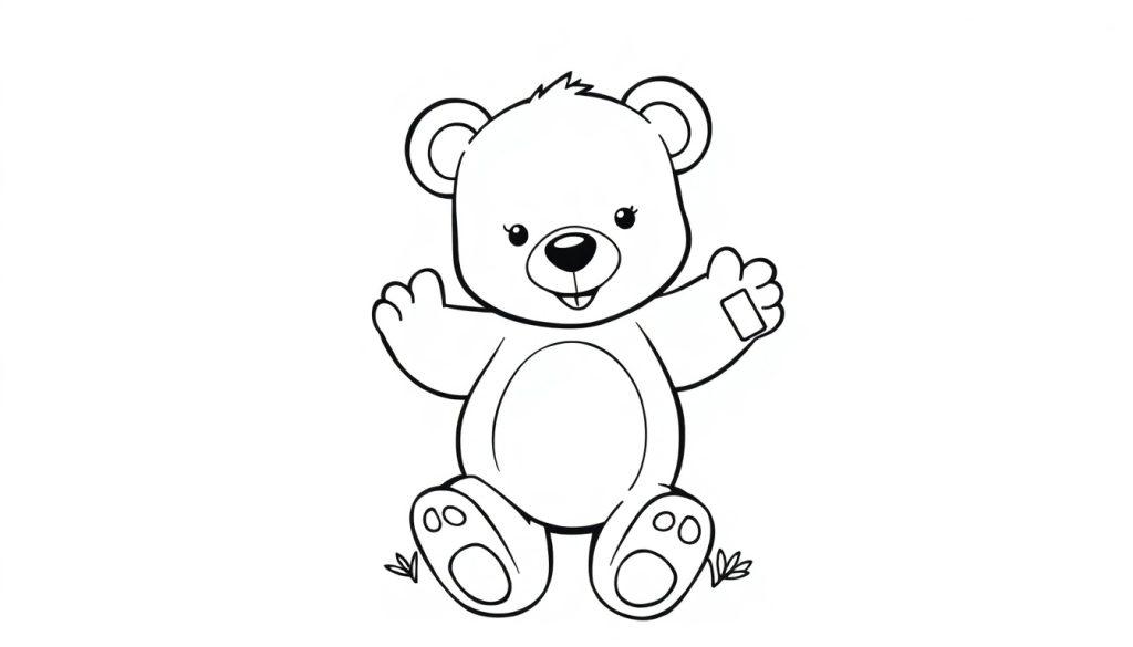 Schwarz-weiße Farbtafel eines winkenden Teddybären mit einem Pflaster auf der Pfote.