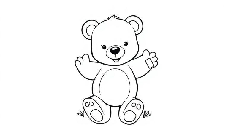 Schwarz-weiße Farbtafel eines winkenden Teddybären mit einem Pflaster auf der Pfote.