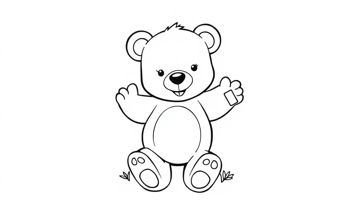 Schwarz-weiße Farbtafel eines winkenden Teddybären mit einem Pflaster auf der Pfote.