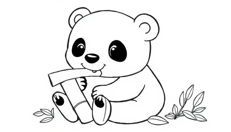 Schwarz-weißer Cartoon-Panda sitzt mit Bambus, eine Farbtafel zum Ausmalen.