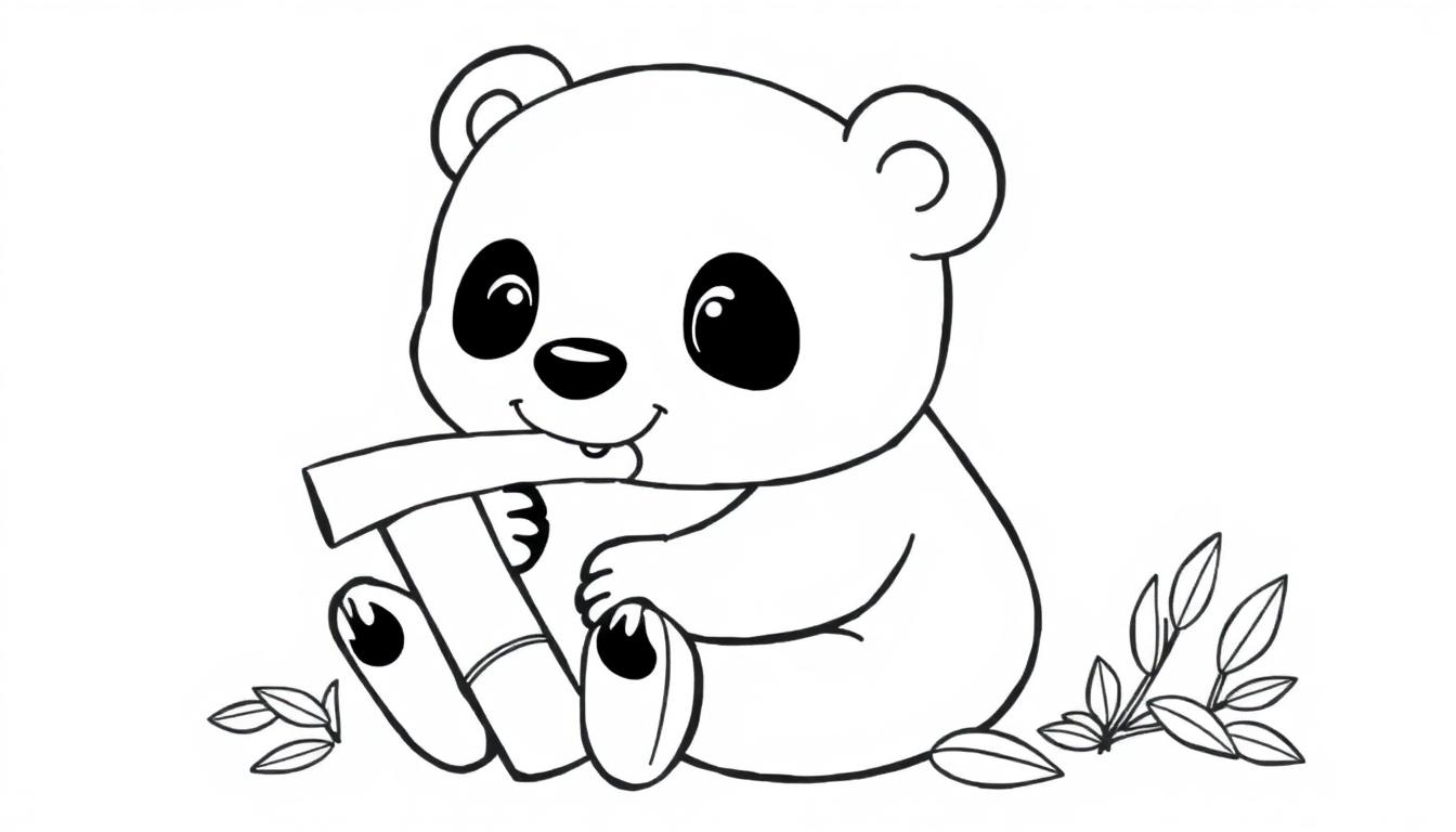 Schwarz-weißer Cartoon-Panda sitzt mit Bambus, eine Farbtafel zum Ausmalen.