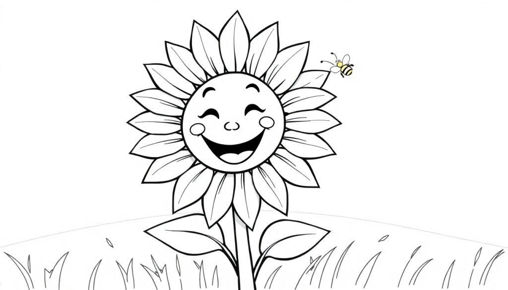 Eine lächelnde Sonnenblume zum Ausmalen, mit einer Biene, die vorbeisummt. Ein Ausmalbild für Kinder mit Farbtafel.