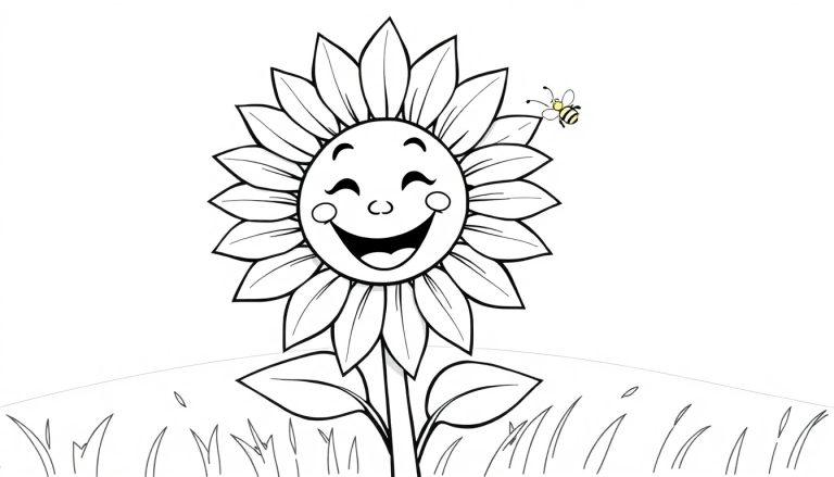 Eine lächelnde Sonnenblume zum Ausmalen, mit einer Biene, die vorbeisummt. Ein Ausmalbild für Kinder mit Farbtafel.