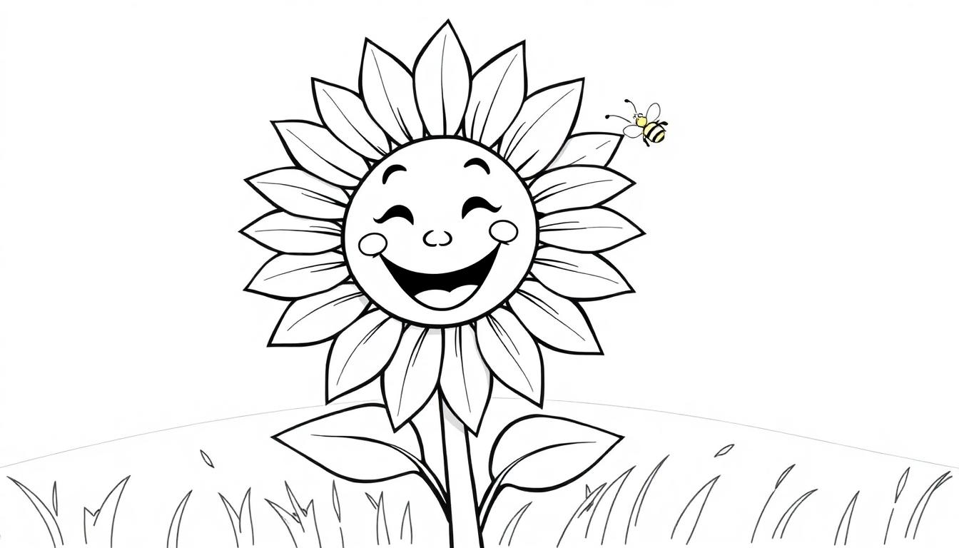 Eine lächelnde Sonnenblume zum Ausmalen, mit einer Biene, die vorbeisummt. Ein Ausmalbild für Kinder mit Farbtafel.