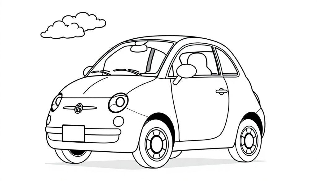 Farbtafel: Schwarz-weiße Zeichnung eines lustigen Fiat 500 mit Wolken