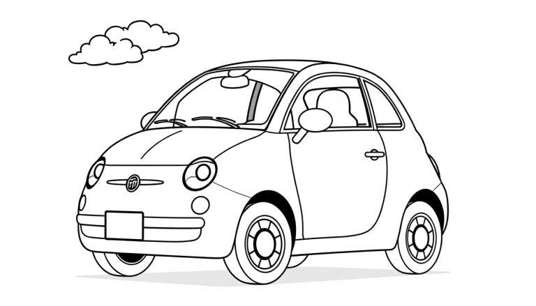 Farbtafel: Schwarz-weiße Zeichnung eines lustigen Fiat 500 mit Wolken