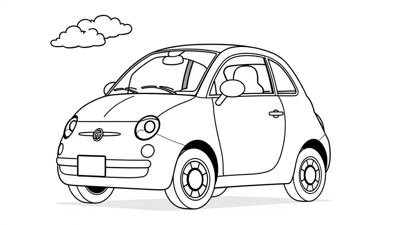 Farbtafel: Schwarz-weiße Zeichnung eines lustigen Fiat 500 mit Wolken